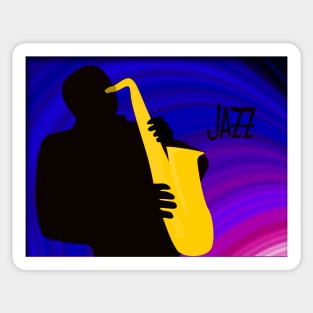 Silhouette of a Jazz Saxophone Player, Purple Blue Background Sticker